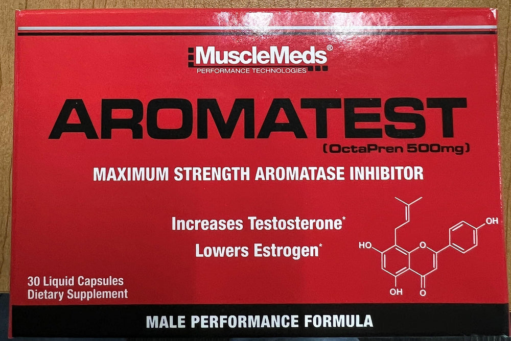 MuscleMeds AROMATEST bottle with glass of water for easy consumption.