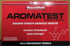 MuscleMeds AROMATEST bottle with glass of water for easy consumption.
