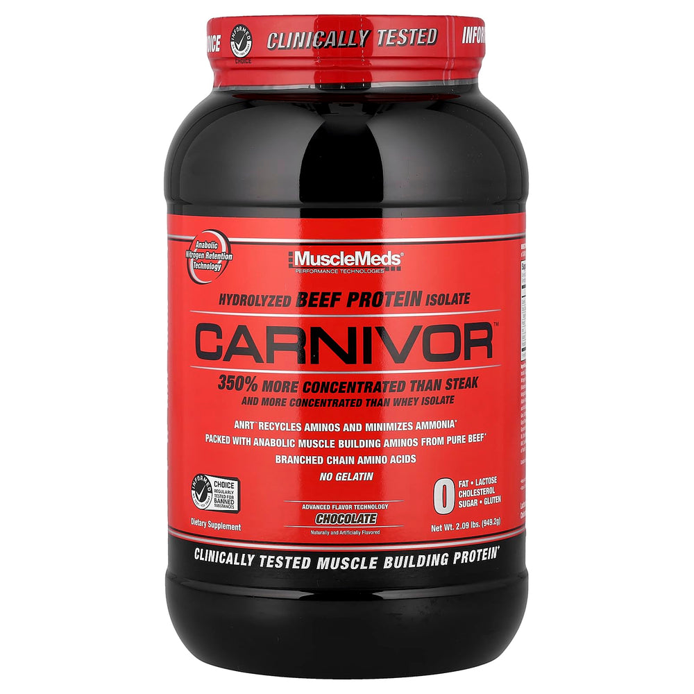 MuscleMeds Carnivor beef protein tub front view for convenient muscle support.