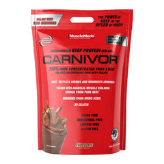 MuscleMeds Carnivor front view tub in chocolate—beef protein isolate.