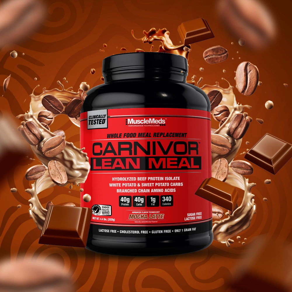 MuscleMeds Carnivor Lean Meal mocha latte ready cup for fueling workouts.