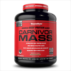 MuscleMeds Carnivor Mass front label showing 50 g protein per serving.