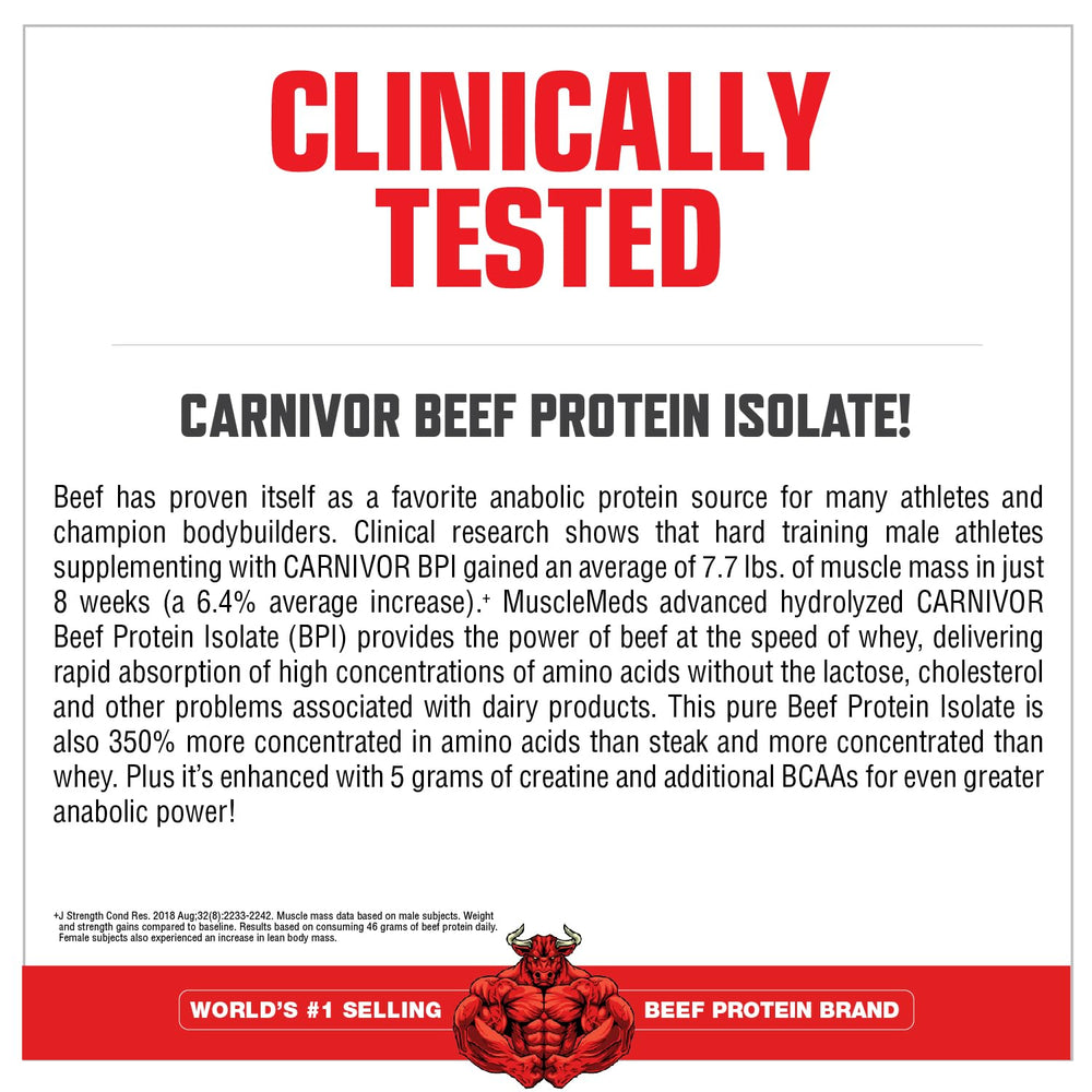 MuscleMeds Carnivor Mass packaging shows allergen-free formula.