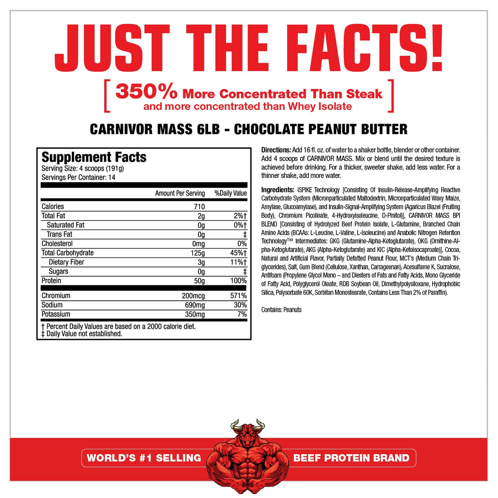 MuscleMeds CARNIVOR Mass bottle shows lactose-free and halal certifications.