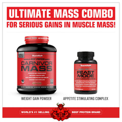 Carnivor Mass jar with nutrition panel emphasizing 50g protein per serving and 125g carbs
