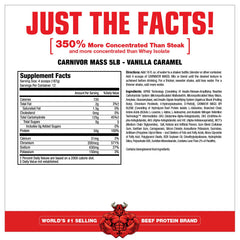 Close-up of Carnivor Mass label highlighting high protein and lactose-free appeal