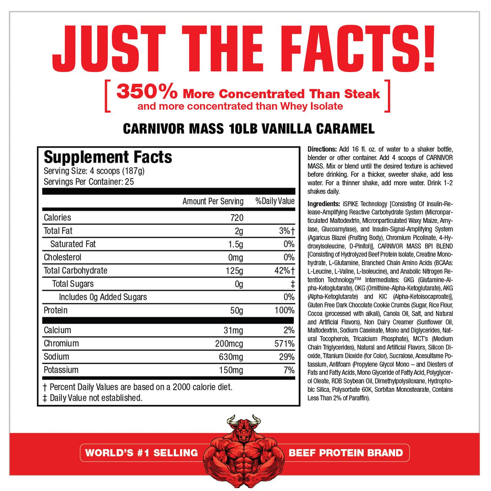 Nutrition facts label of MuscleMeds Carnivor Mass highlights the protein and carb blend.