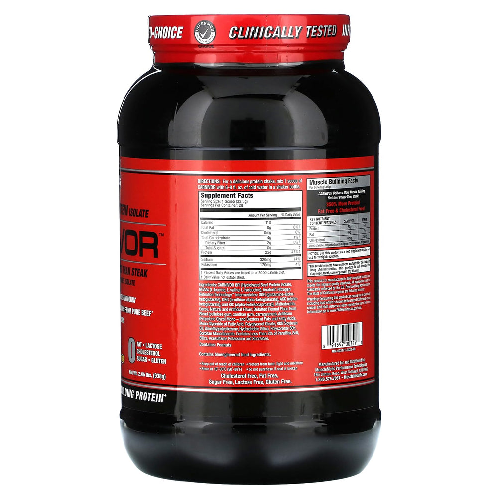 Carnivor powder scoop emphasizes beef protein isolate for lactose-free shakes.