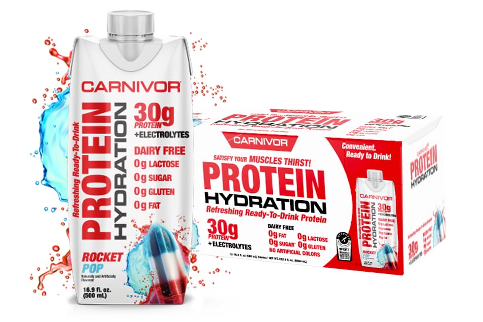 MuscleMeds Carnivor Rocket Pop bottle showcases lactose-free protein and electrolytes for on-the-go hydration.
