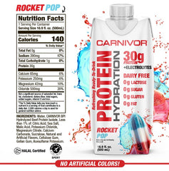 MuscleMeds Carnivor Rocket Pop side view highlights convenient ready-to-drink nutrition after workouts.