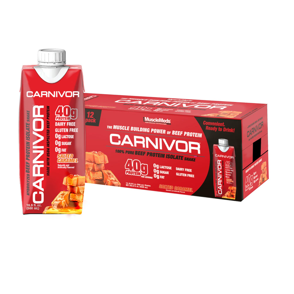 MuscleMeds Carnivor RTD bottle with salted caramel flavor supports quick protein intake.