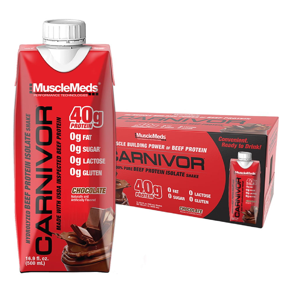 MuscleMeds Carnivor RTD chocolate bottle shows 40g beef protein for recovery.