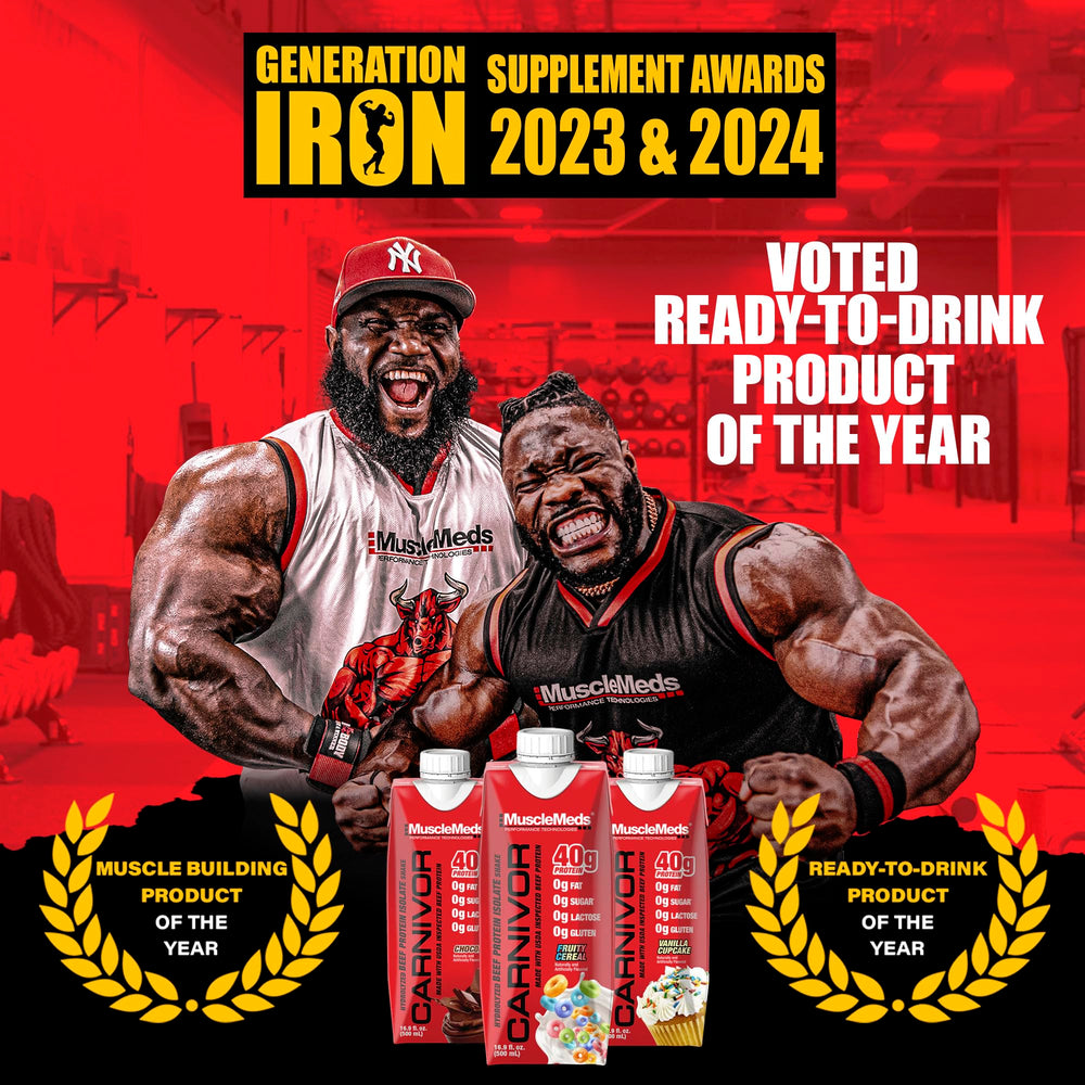 MuscleMeds Carnivor RTD pour-ready bottle supports post-workout use.