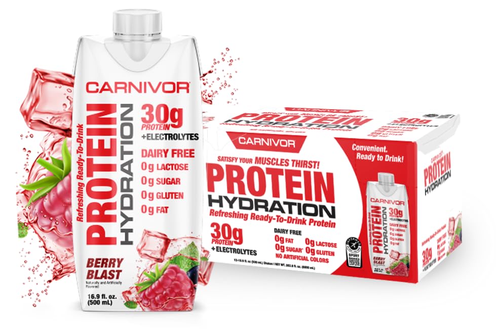 MuscleMeds Carnivor RTDD Berry Blast bottle highlights lactose-free protein for training days