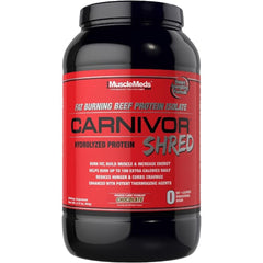 MuscleMeds Carnivor Shred bottle showing lactose-free chocolate beef protein for workouts
