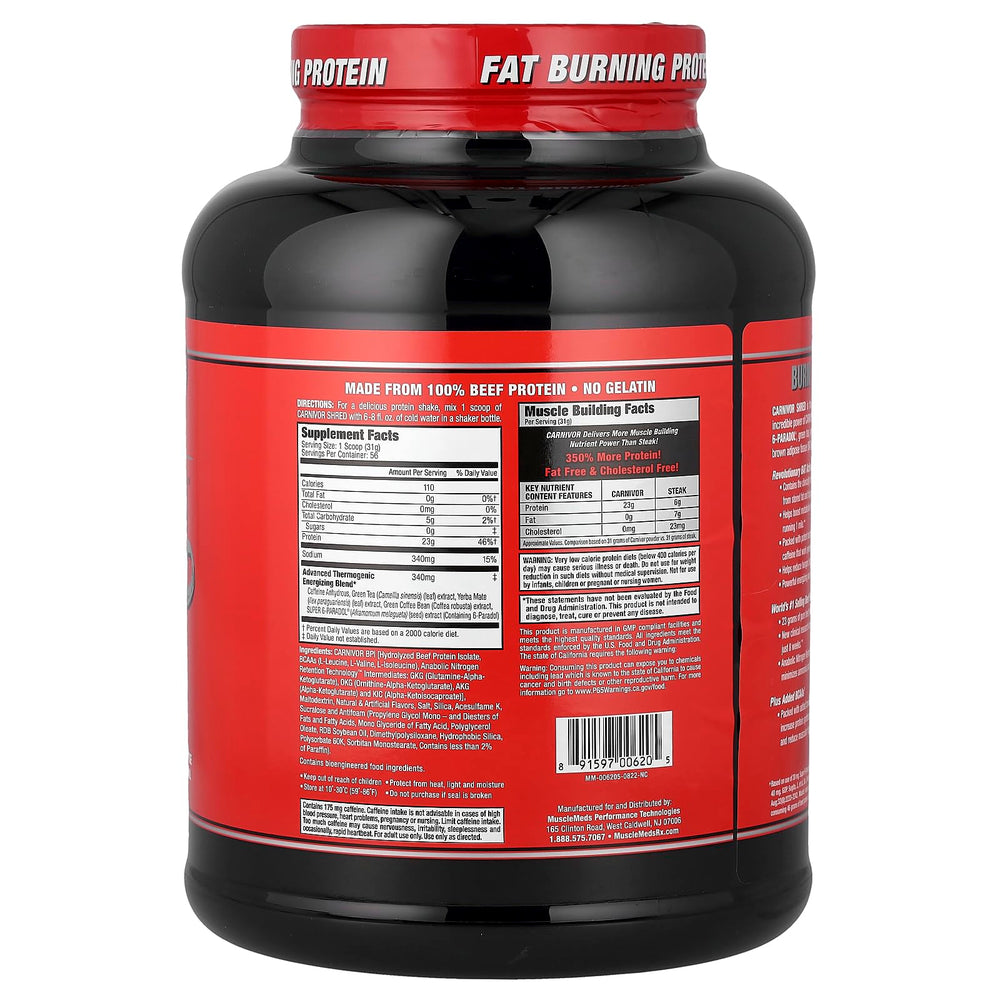 MuscleMeds Carnivor Shred tub packaging shows halal certification and lactose-free formula.