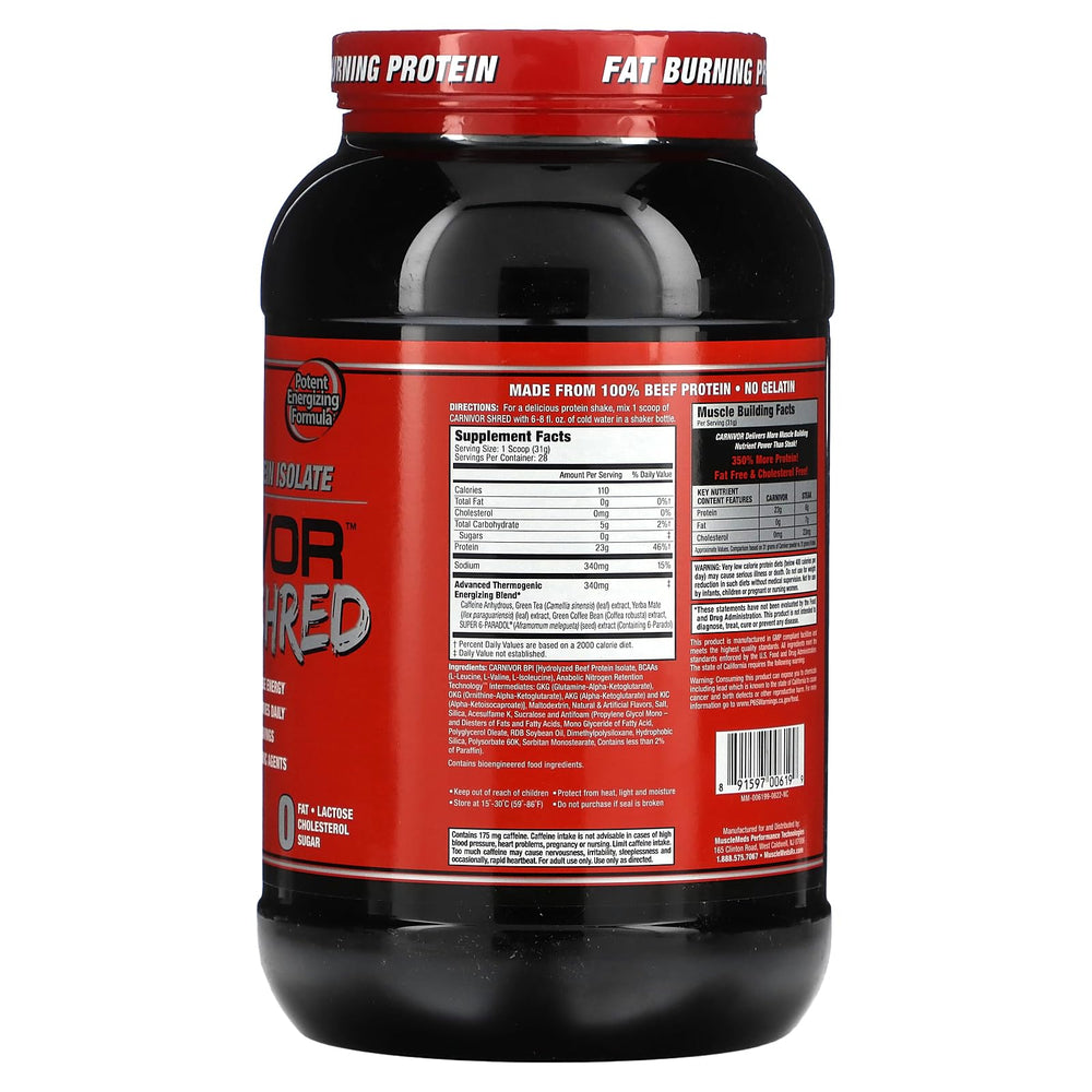 MuscleMeds Carnivor Shred ingredients label highlighting green tea and caffeine for energy.
