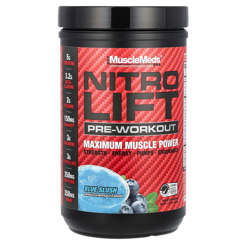 MuscleMeds Nitro Lift blue slush bottle boosts energy and focus before training