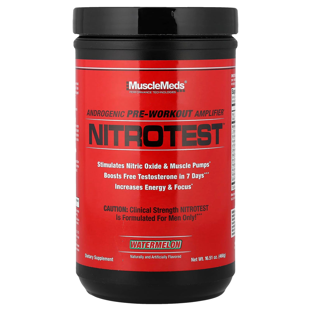 MuscleMeds Nitrotest watermelon bottle highlighting nitric oxide support and energy for workouts