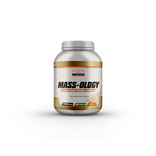 MUSCLEOLOGY MASS-OLOGY vanilla tub front for post-workout fueling.