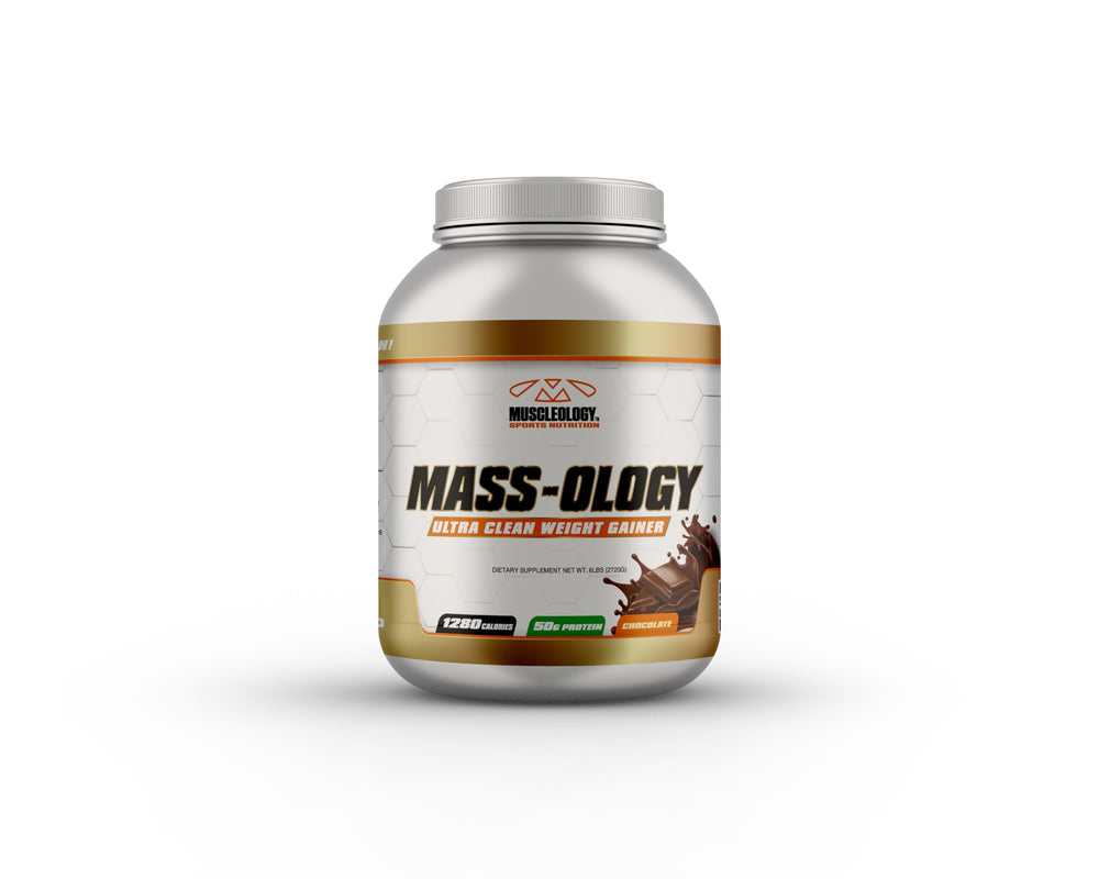 Muscleology Weight Gainer chocolate bottle for post-workout fueling.