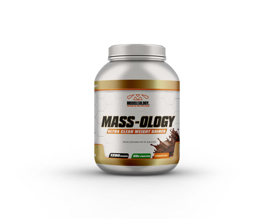Muscleology Weight Gainer chocolate bottle for post-workout fueling.