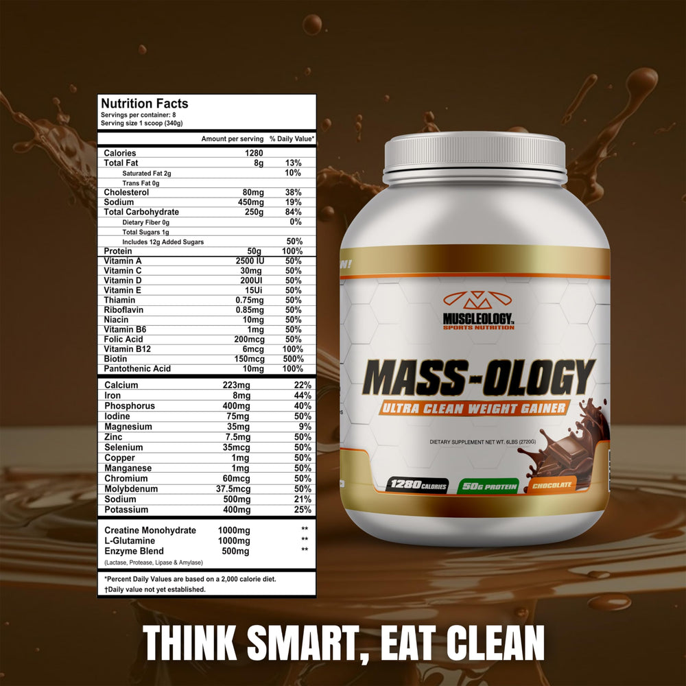 Muscleology Weight Gainer jar open shows serving size.