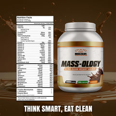 Muscleology Weight Gainer jar open shows serving size.