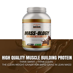 Muscleology Weight Gainer nutrition panel close-up reveals ingredients.