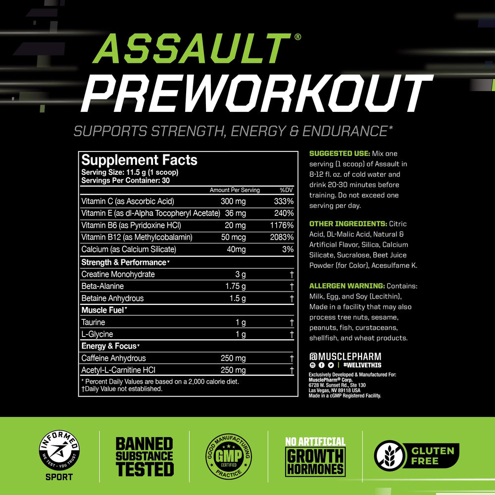 MusclePharm Assault powder with Hwachae Melon visible, ready to fuel focus.