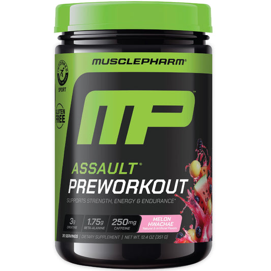 MusclePharm Assault preworkout bottle ready for a high-energy Hwachae Melon session.