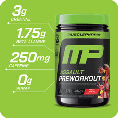 MusclePharm Assault Watermelon label close-up highlighting ingredients and caffeine content