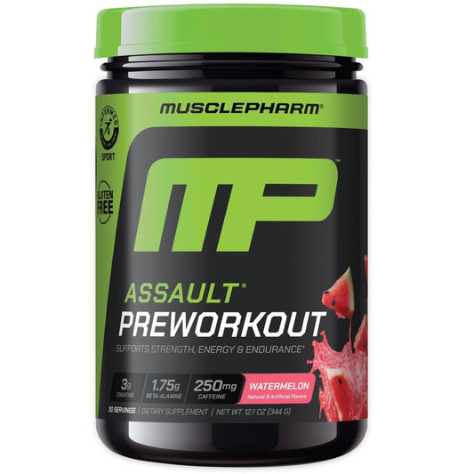MusclePharm Assault Watermelon tub with powder for an energy-boosting pre-workout