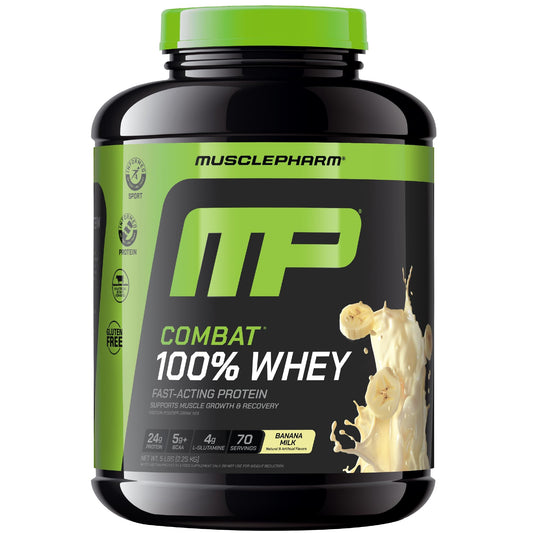 MusclePharm Combat banana milk whey tub shows post‑workout fueling potential
