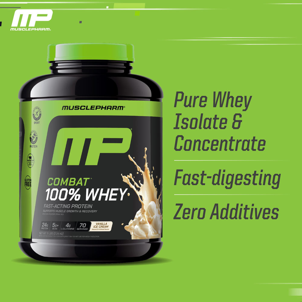 MusclePharm Combat 100% Whey Vanilla mixer cup makes easy post-workout shakes.