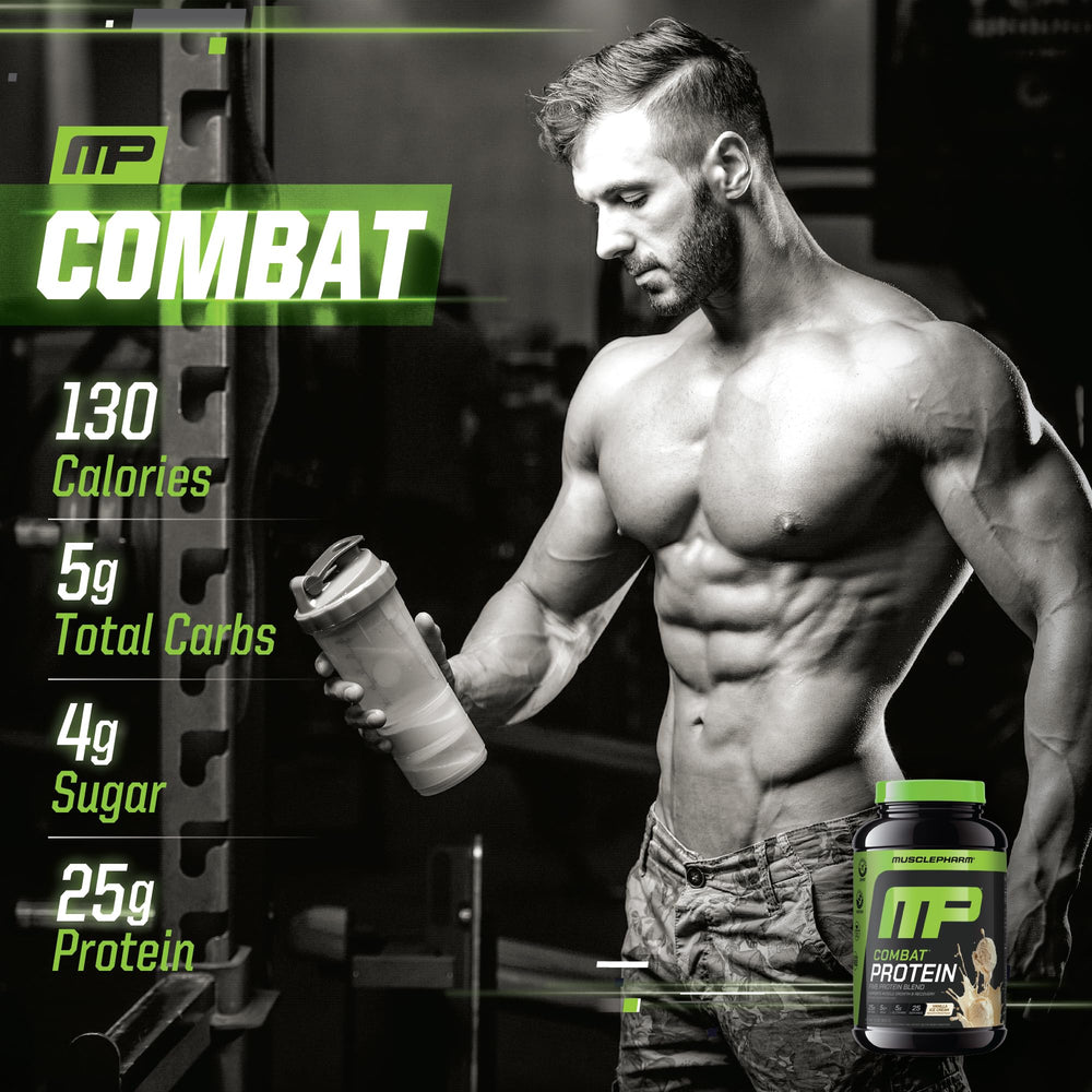 MusclePharm Combat milk protein concentrate image emphasizes rich texture and sustained nourishment.