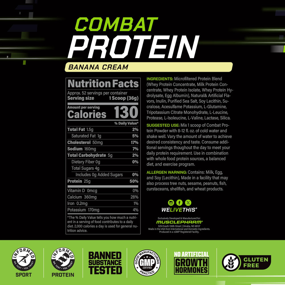 MusclePharm Combat Banana Cream spoon resting in tub for quick mixes
