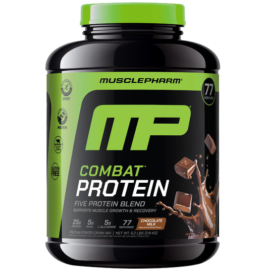 MusclePharm Combat Protein Powder chocolate milk container shows 25 g protein per serving for workouts