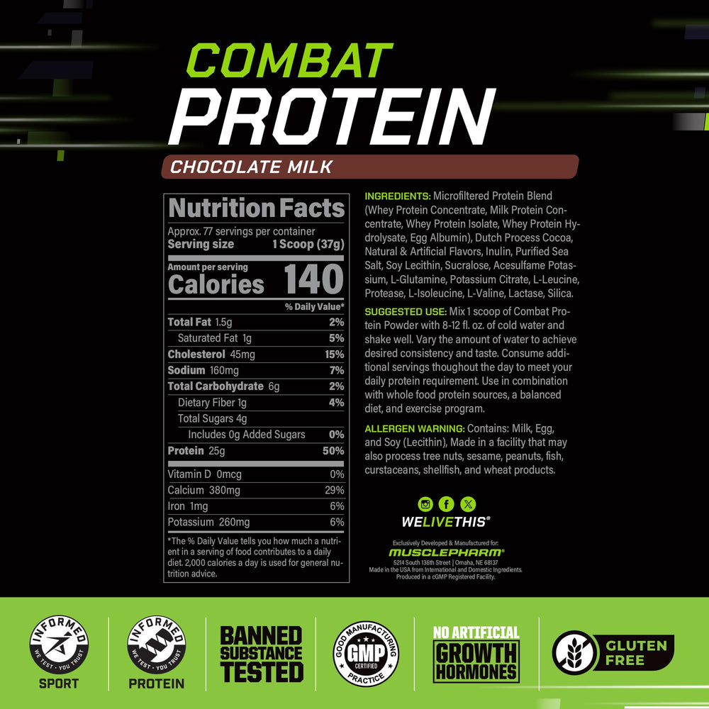 Spoon with MusclePharm Combat Protein Powder ready for pre or post-workout shake