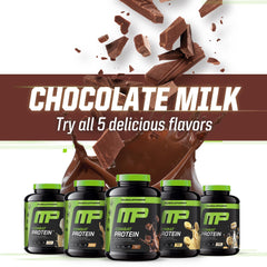 MusclePharm Combat Protein Powder chocolate milk close-up emphasizes rich flavor.