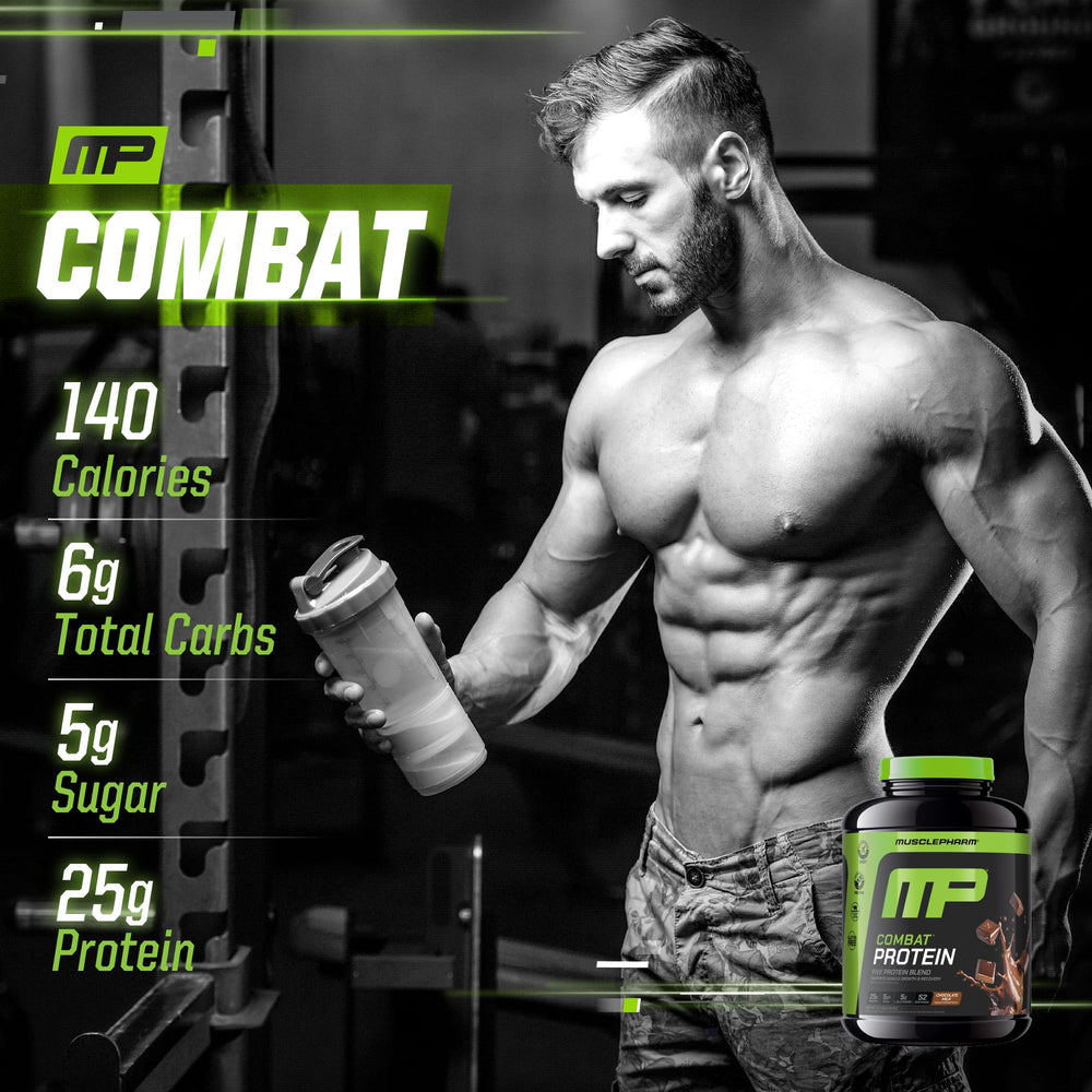 MusclePharm Combat Protein Powder gluten-free badge signals allergen-friendly option.