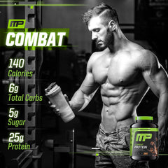 MusclePharm Combat Protein Powder gluten-free badge signals allergen-friendly option.