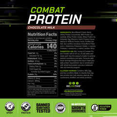 MusclePharm Combat Protein Powder nutrition label highlights 5 protein sources for balanced amino acids.