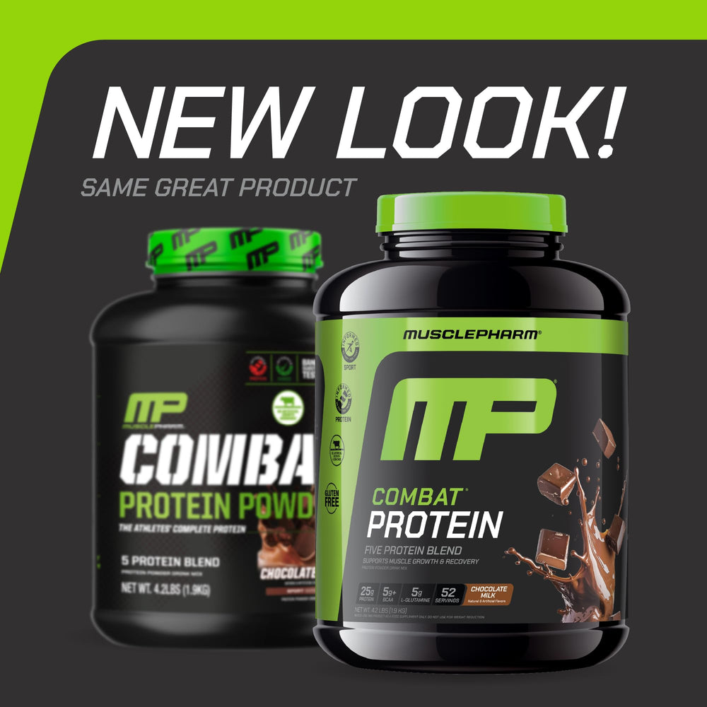 MusclePharm Combat Protein Powder scoop beside the tub, convenient for pre- or post-workout shakes.