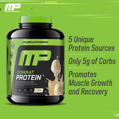 MusclePharm Combat Protein Powder vanilla poured into a glass for quick recovery.
