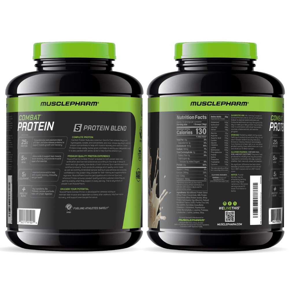 MusclePharm Combat Protein Powder vanilla packaging showcases sport focused branding.