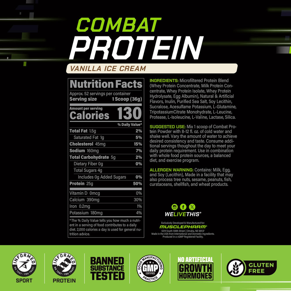 MusclePharm Combat Protein Powder vanilla shaker ready for training sessions.