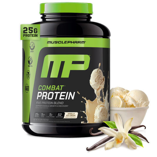 MusclePharm Combat Protein Powder vanilla tub ready for a post-workout shake.