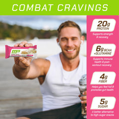 MusclePharm Combat Ready Bar whey-protein detail highlighting high-protein nutrition for recovery.