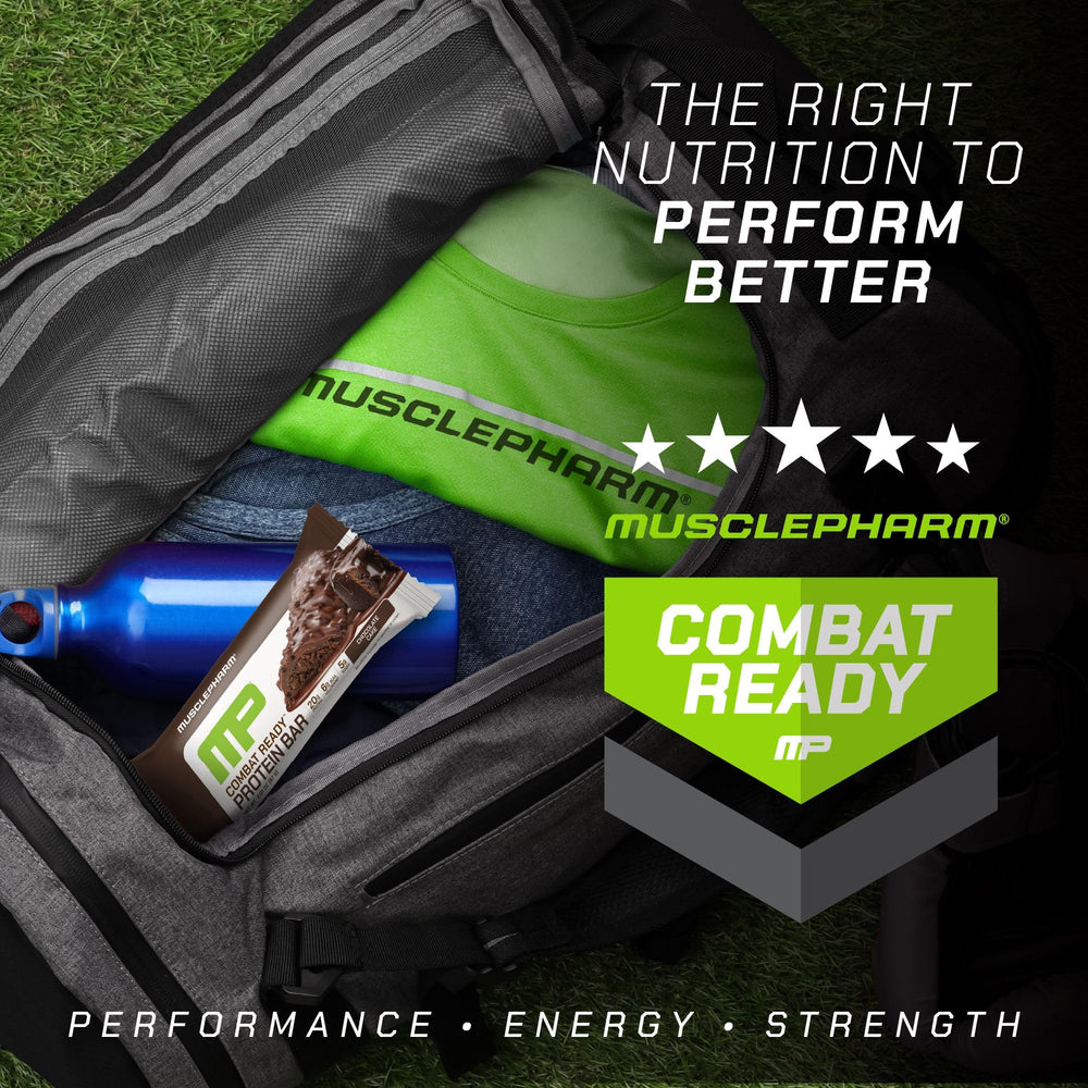 Nutrition facts panel showing 20g protein per bar for MusclePharm Combat Sport Bar